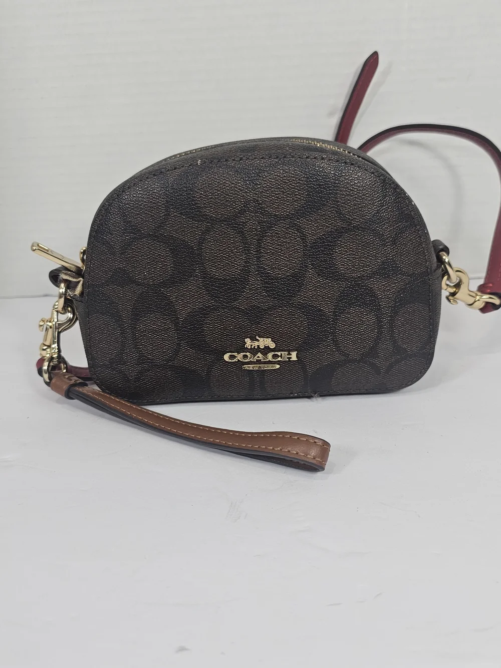 Coach Brown Signature Mini Crossbody with Red Strap
